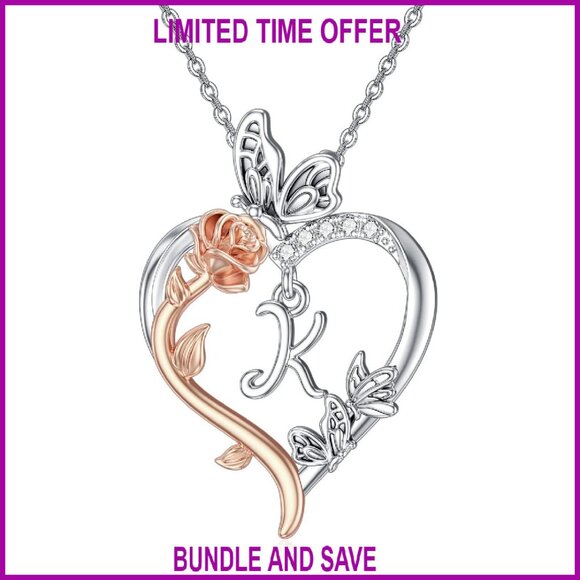 925 Sterling Silver Butterfly Heart Initial Necklace 18